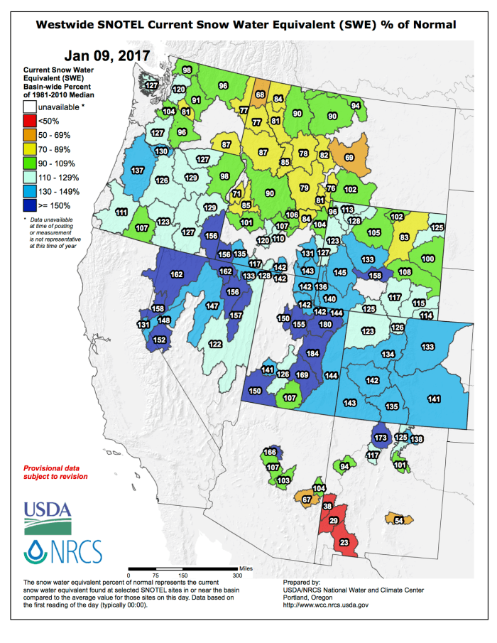 Westwide SNOTEL basin-filled map January 9, 2017 via the NRCS.