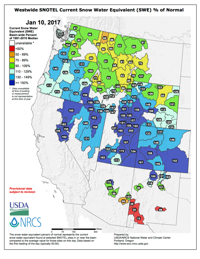 Westwide SNOTEL basin-filled map January 10, 2017 via the NRCS.