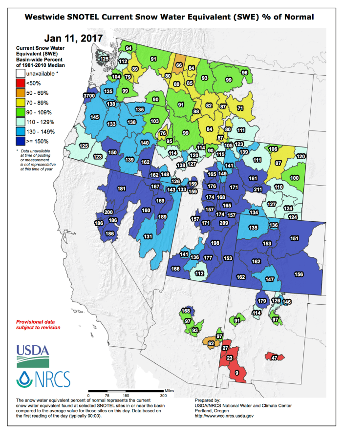 Westwide SNOTEL basin-filled map January 11, 2017 via the NRCS.
