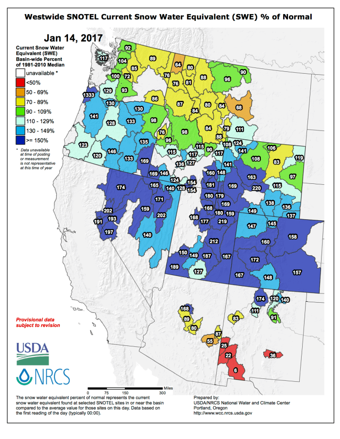 Westwide basin-filled SNOTEL map January 14, 2017 via the NRCS.