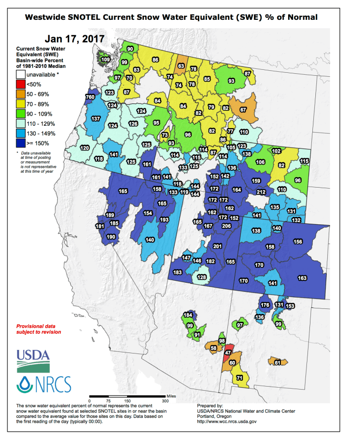 Westwide SNOTEL basin-filled map January 17, 2017 via the NRCS.