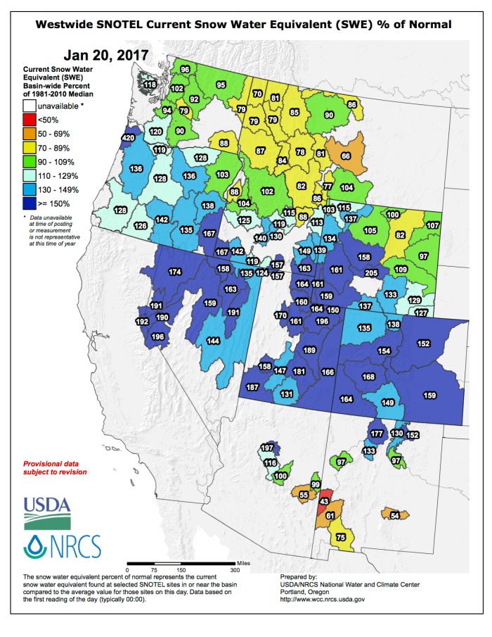 Westwide SNOTEL basin-filled map January 20, 2017 via the NRCS.