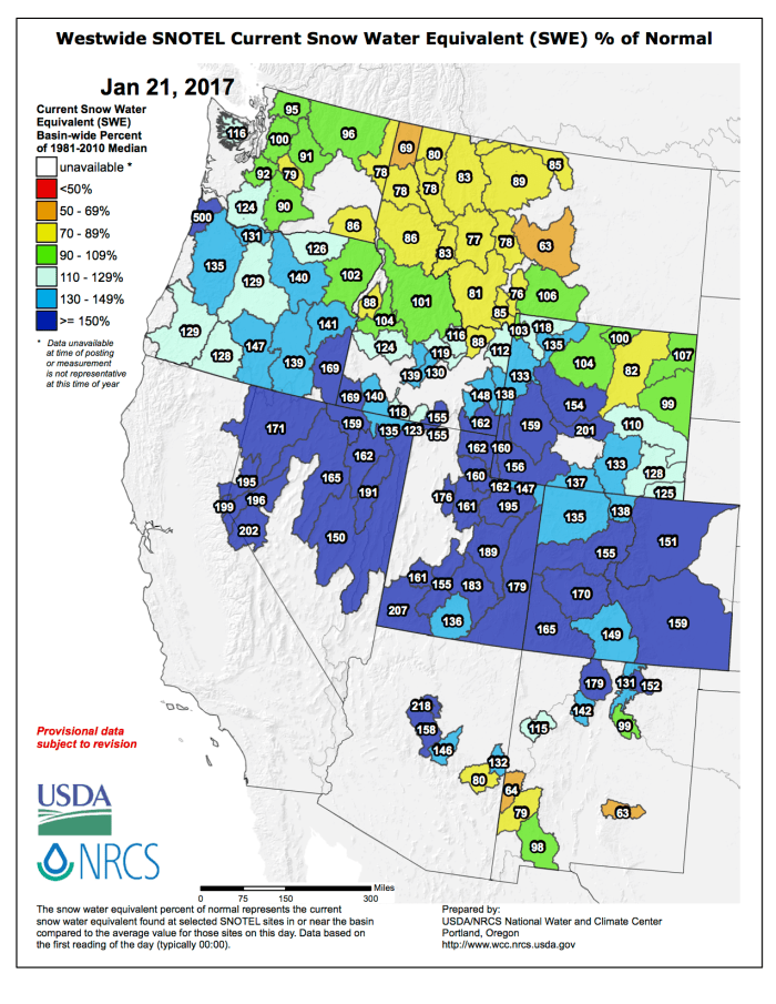 Westwide SNOTEL basin-filled map January 21, 2017 via the NRCS.