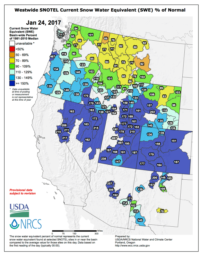 Westwide SNOTEL basin-filled map January 24, 2017 via the NRCS.