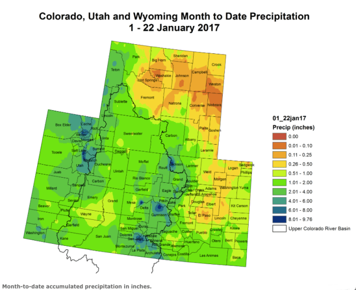 Upper Colorado River Basin month to date precipitation through January 22, 2017 via the Colorado Climate Center.