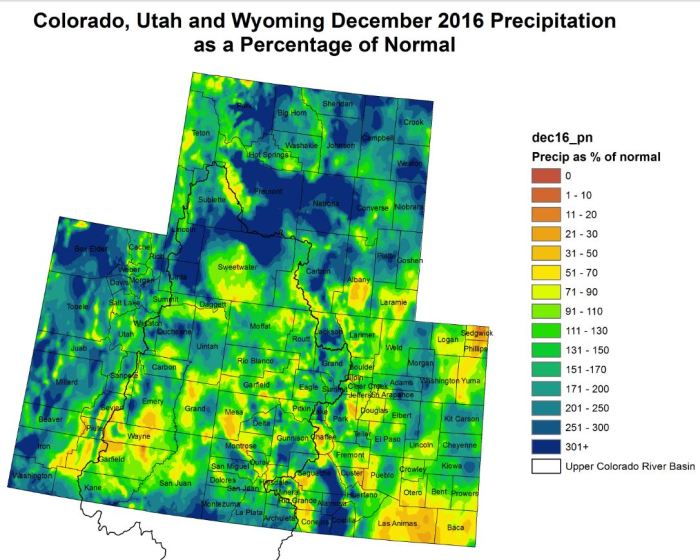 Upper Colorado River Basin December 2016 precipitation as a percent of normal via the Colorado Climate Center.