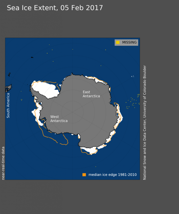 Antarctic sea ice extent February 5, 2017 via the National Snow & Ice Data Center.