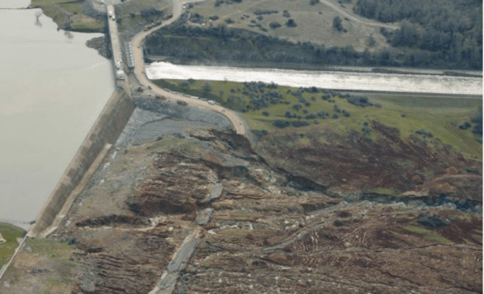 Erosion below the emergency spillway at the Oroville Dam site, via Hamodia