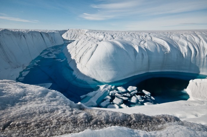 Greenland ice canyon filled with melt water in summer 2010.Ian Joughin, UW APL Polar Science Center