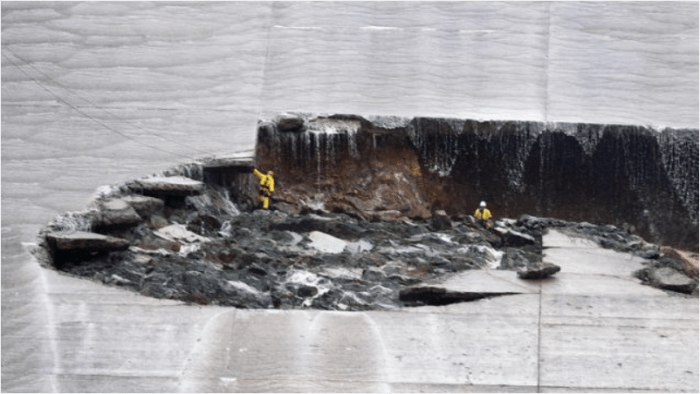 The spillway hole at the Oroville Dam site, via the Sacramento Bee