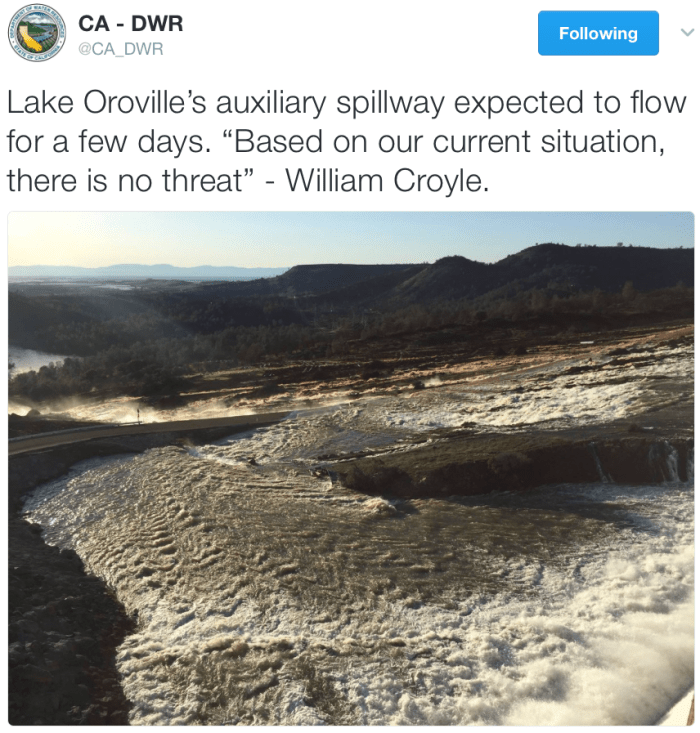View from the top of the auxiliary spillway February 11, 2017 via @CA_DWR.
