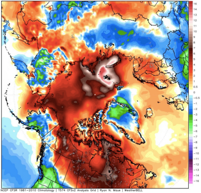 Arctic temperature difference from normal during January. (WeatherBell.com)