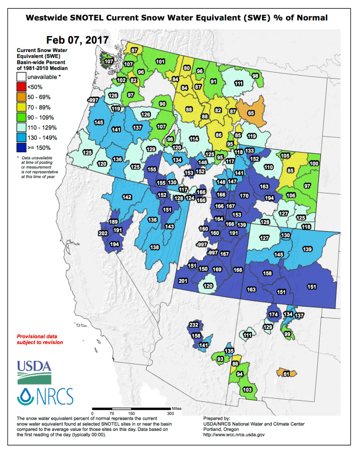Westwide SNOTEL basin-filled map February 7, 2017 via the NRCS.