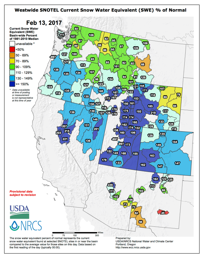Westwide SNOTEL basin-filled map February 13, 2017 via the NRCS.
