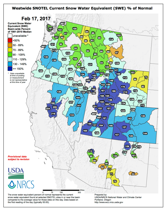Westwide SNOTEL basin-filled map February 17, 2017 via the NRCS.