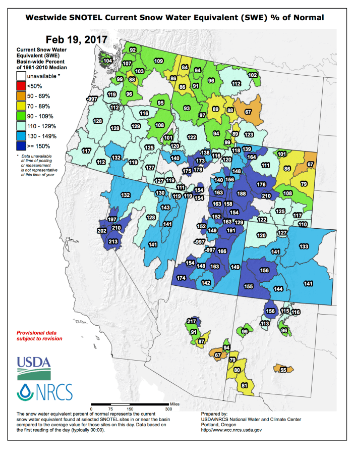 Westwide basin-filled map February 19, 2017 via the NRCS.