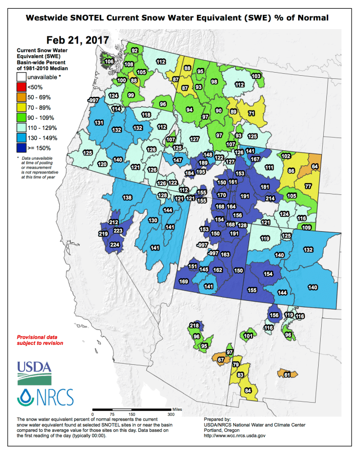 Westwide SNOTEL basin-filled map February 21, 2017 via the NRCS.