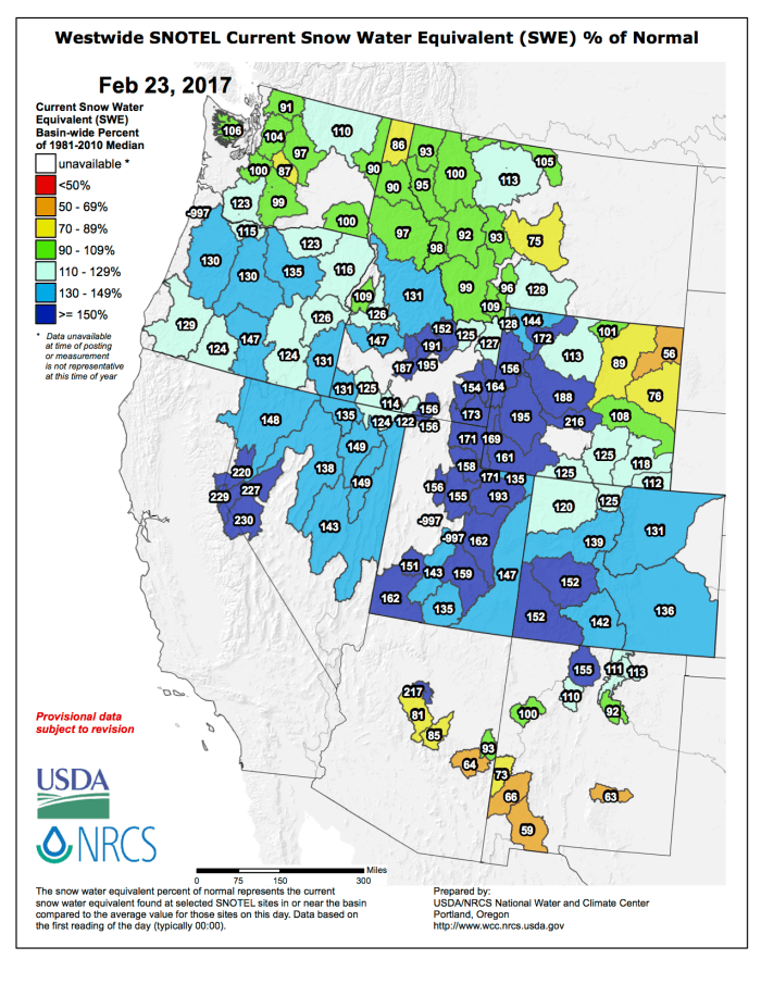 Westwide basin-filled snowpack map February 23, 2017 via the NRCS.
