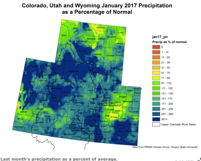 Upper Colorado River Basin January 2017 precipitation as a percent of normal.