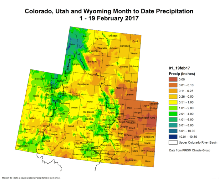 Intermountain West month to date precipitation through February 15, 2017 via the Colorado Climate Center.