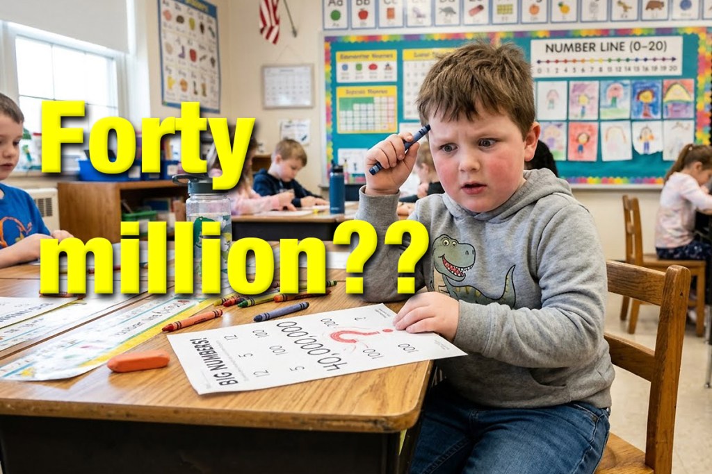 A young boy with a surprised expression is sitting at a classroom table, looking at a worksheet with large numbers. He holds a marker and appears puzzled by the question 'Forty million??' in bold yellow text. Other children are visible in the background, engaged in their activities.