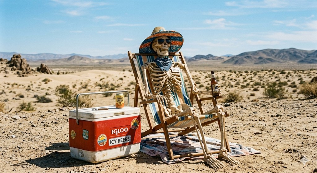 A skeleton wearing a straw hat and sunglasses relaxes in a beach chair in a desert landscape, next to a cooler labeled 'IGLOO ICY BEERS'. A bottle is in its hand and a towel is laid on the ground.