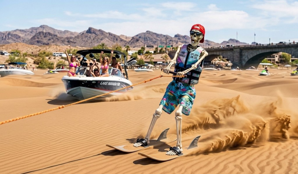 A skeleton wearing a life vest and swim shorts is water skiing on sand dunes, being pulled by a boat with people celebrating in the background.