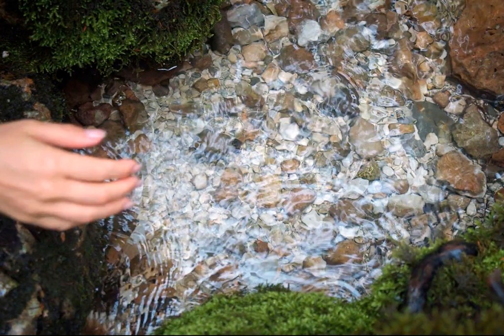 A hand gently touches the surface of clear water, revealing smooth pebbles beneath and mossy stones around the edges.