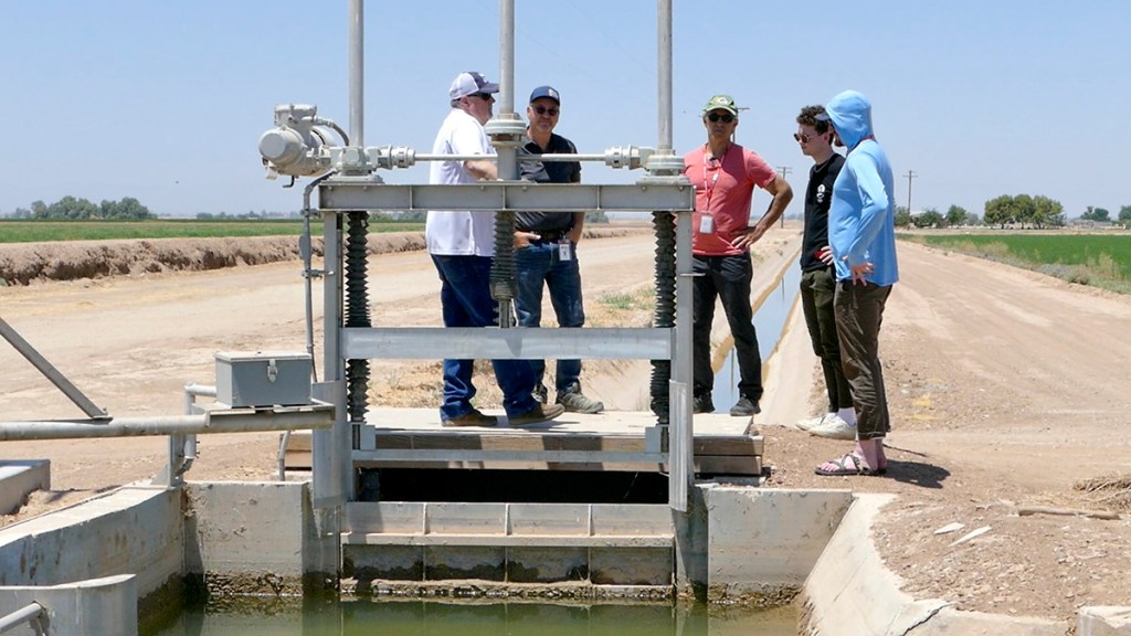 Group of five people discussing near a water measurement structure in an agricultural area on a sunny day.