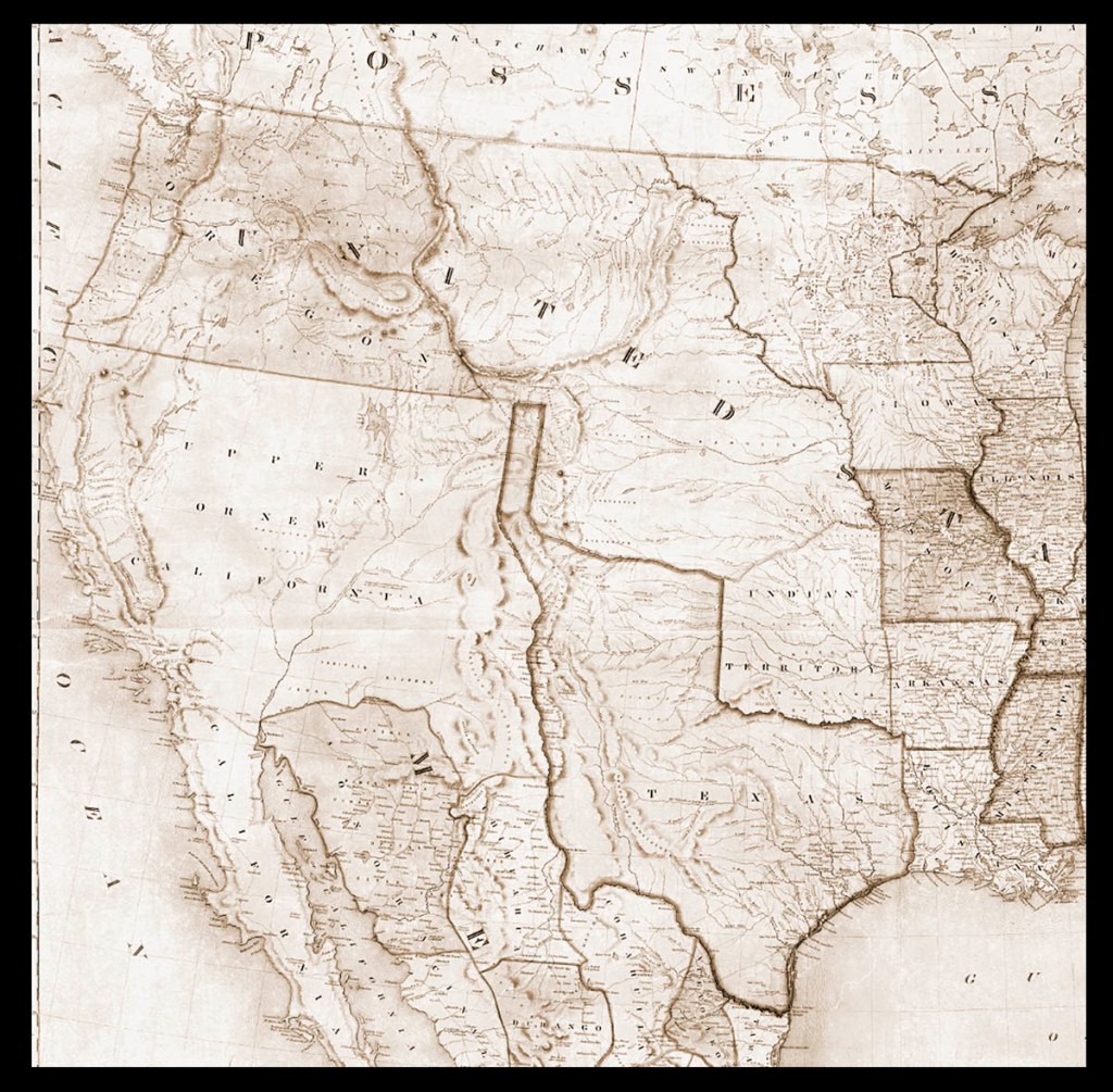 An antique map of the western and central United States, featuring states like Texas, California, and Illinois, with detailed topography and place names.