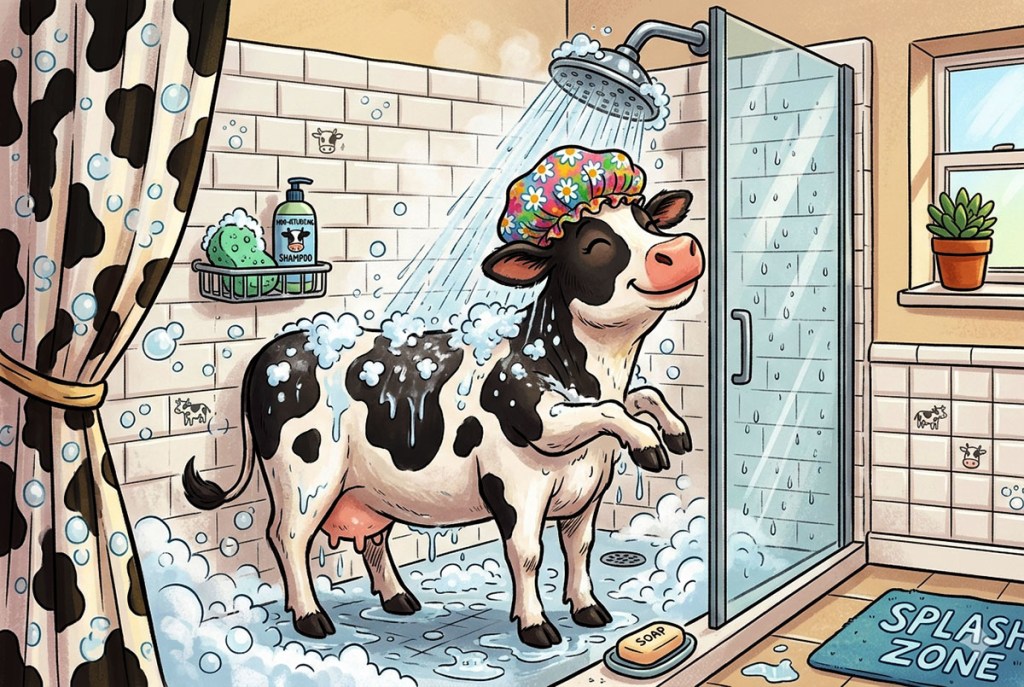 A cartoon cow enjoying a shower, wearing a colorful shower cap and surrounded by bubbles in a bathroom. The showerhead is spraying water, and there are soap and shampoo products visible.