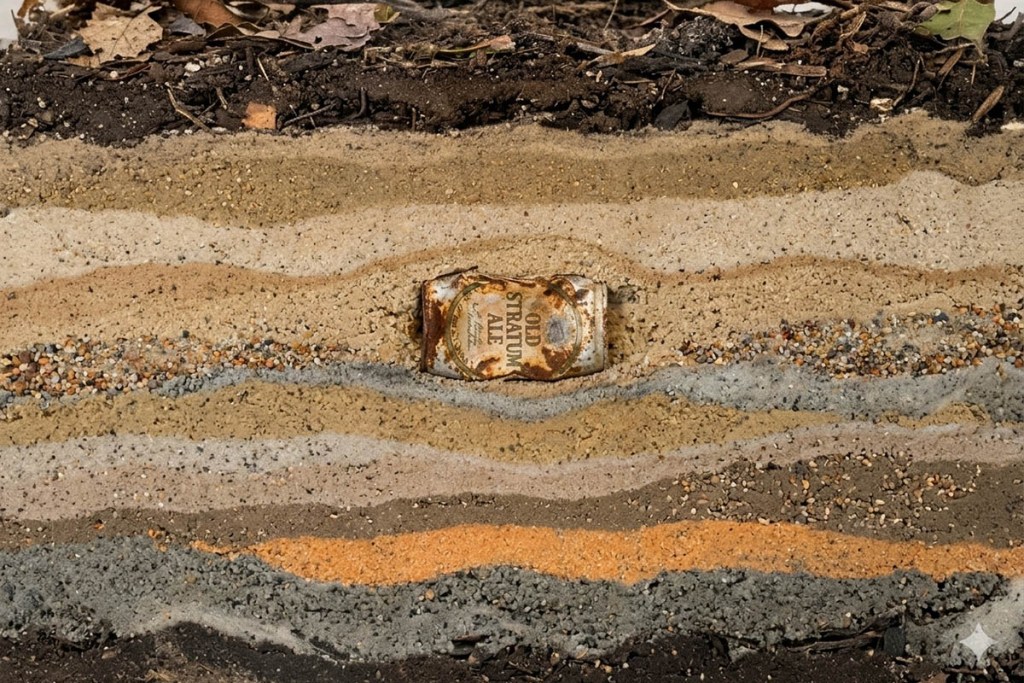 A cross-section of soil layers displaying various textures and colors, with a rusty can located in the middle, illustrating soil composition and potential pollution.
