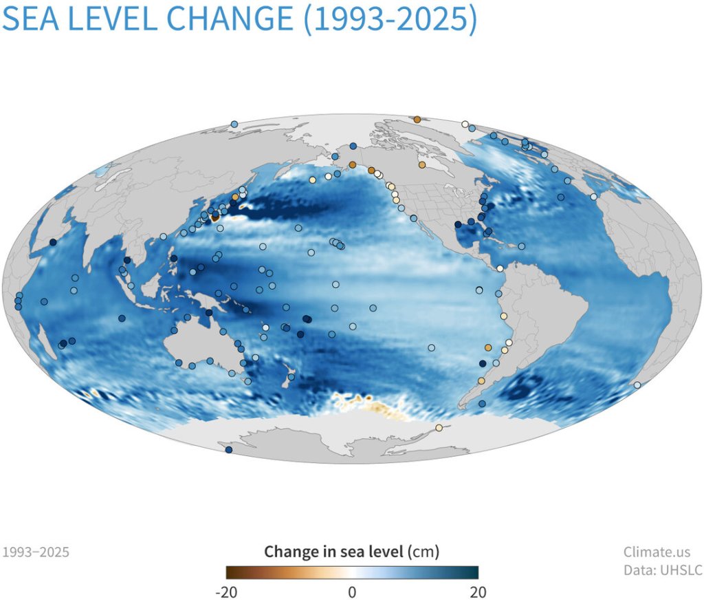 Global map of the change in the height of sea levels from 1993 to 2025, based on satellite and station data. The data is scaled from -20 to +20 cm in shades of brown and blue. Dots show the location of individual stations.