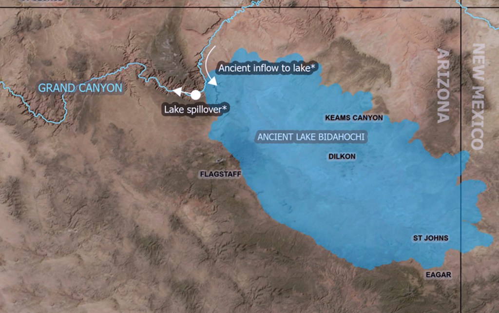 Map illustrating the ancient Lake Bidahochi, its inflow, and spillover, with markers for key locations including the Grand Canyon, Flagstaff, and St. Johns, in Arizona and New Mexico.
